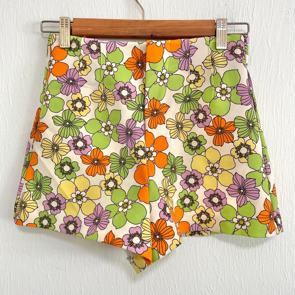 Zara Womens High Waisted Shorts XS Colorful Flower Power Hippie Retro 70s
